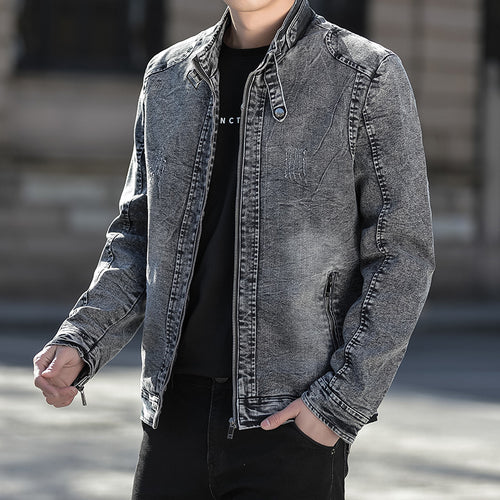 Herren Slim-Fit gewaschene Denim-Jacke mit Stehkragen und Reißverschluss Nord Taschen