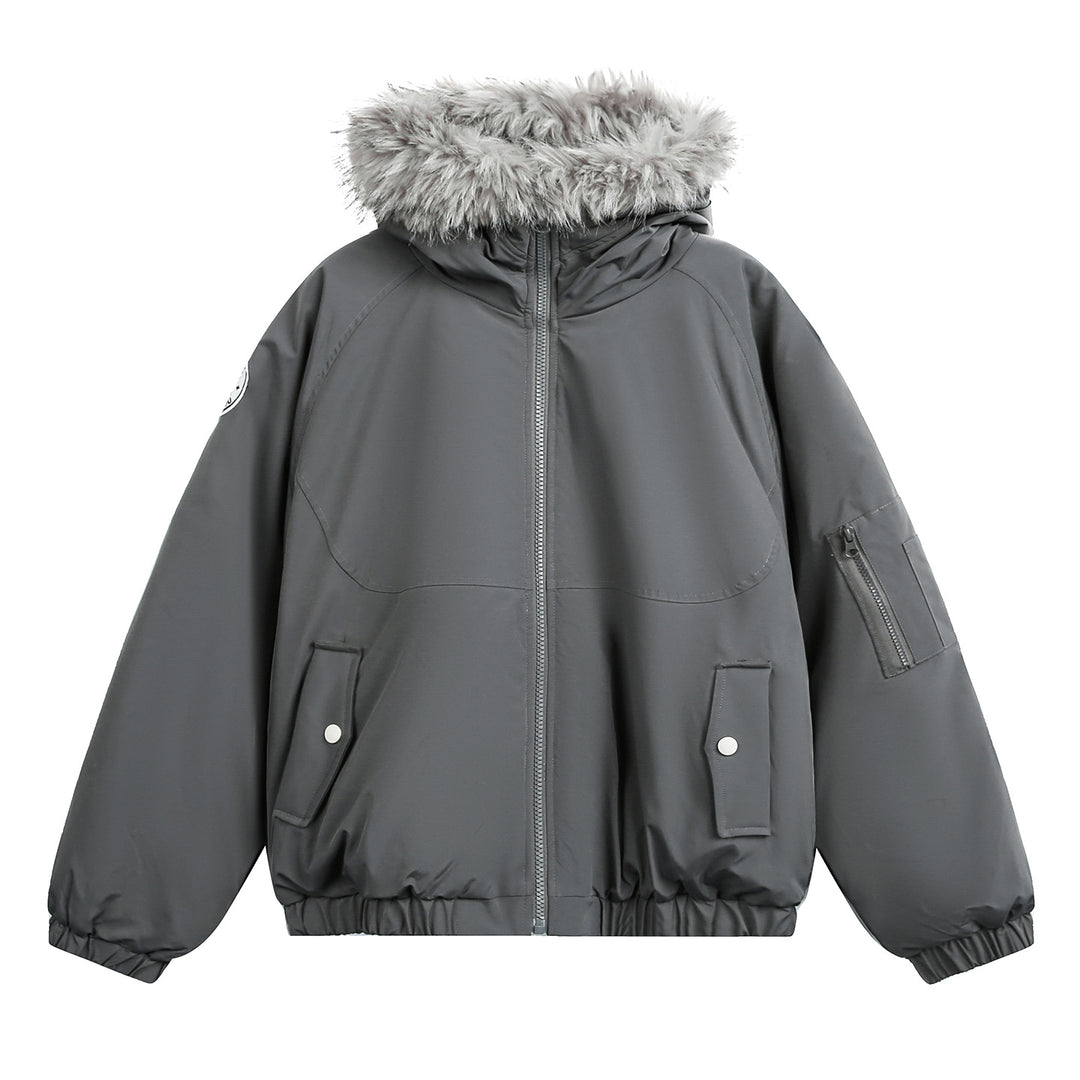 Damen Wattierte Bomberjacke mit Kapuze, Kunstfellkragen und elastischem Saum Nord Taschen