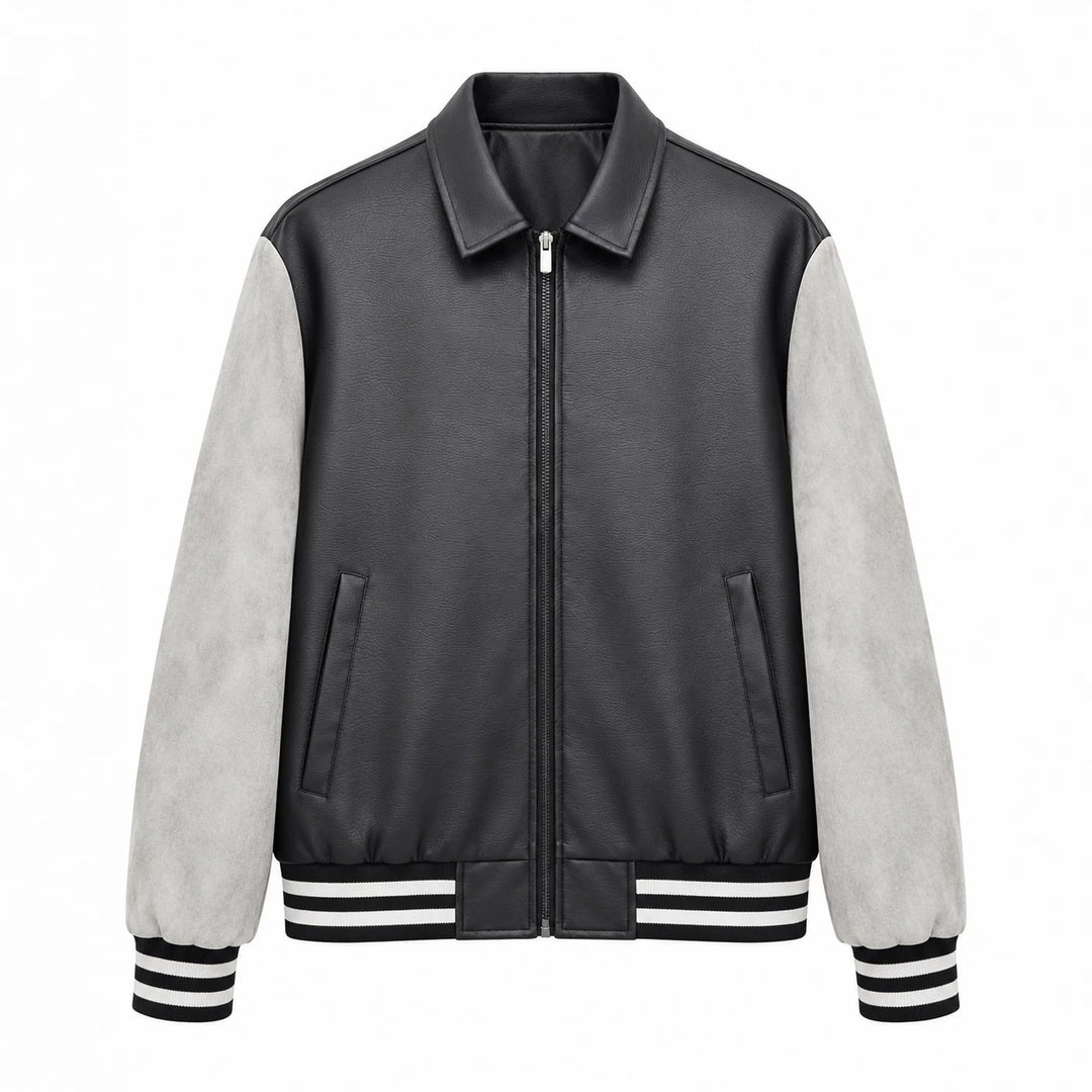 Herren Retro Letterman‑Bomber mit glattem Kunstlederkörper und Veloursärmmel-Detail Nord Taschen