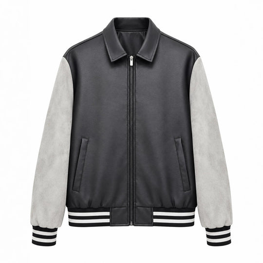 Herren Retro Letterman‑Bomber mit glattem Kunstlederkörper und Veloursärmmel-Detail Nord Taschen