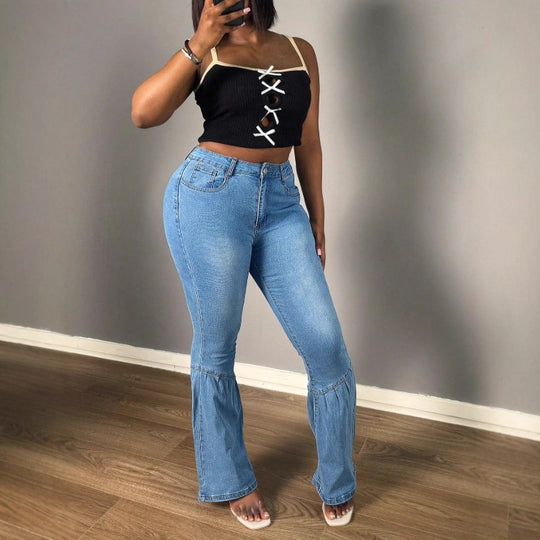 Damen Hochtaillierte Denim-Jeans mit stufenweisem Volant‑Flare und sculptendem Schnitt Nord Taschen