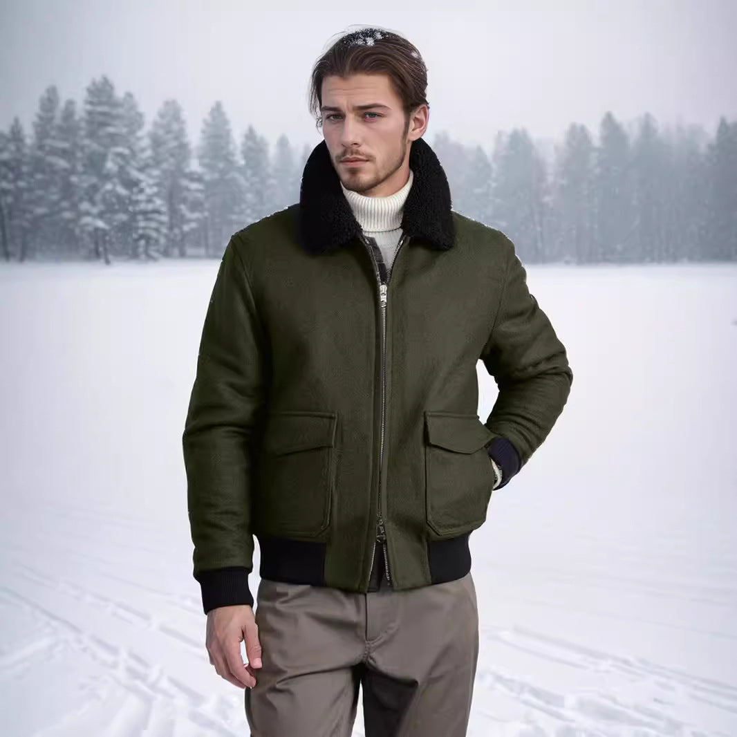 Herren Pilotjacke im Fliegerstil mit Teddykragen, Zwei‑Wege‑Reißverschluss und aufgesetzten Klappentaschen Nord Taschen