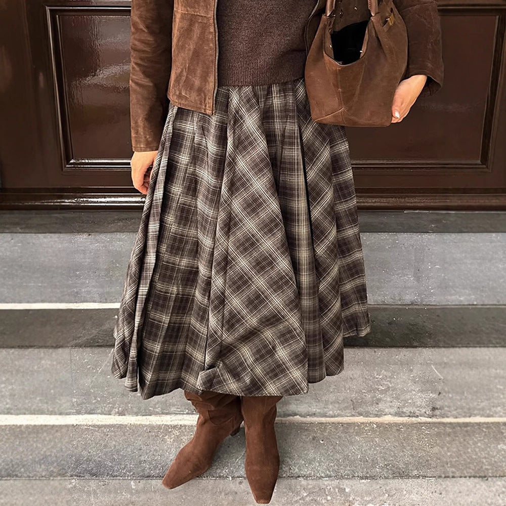 Damen Karierter Midirock mit weitem Tellerfalten‑Schnitt und hoher Taille Nord Taschen