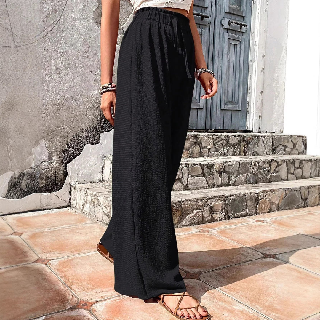 Damen Leichtgewichtige Palazzo-Hose mit Crinkle-Struktur, hohem Smockbund und Kordelzug Nord Taschen