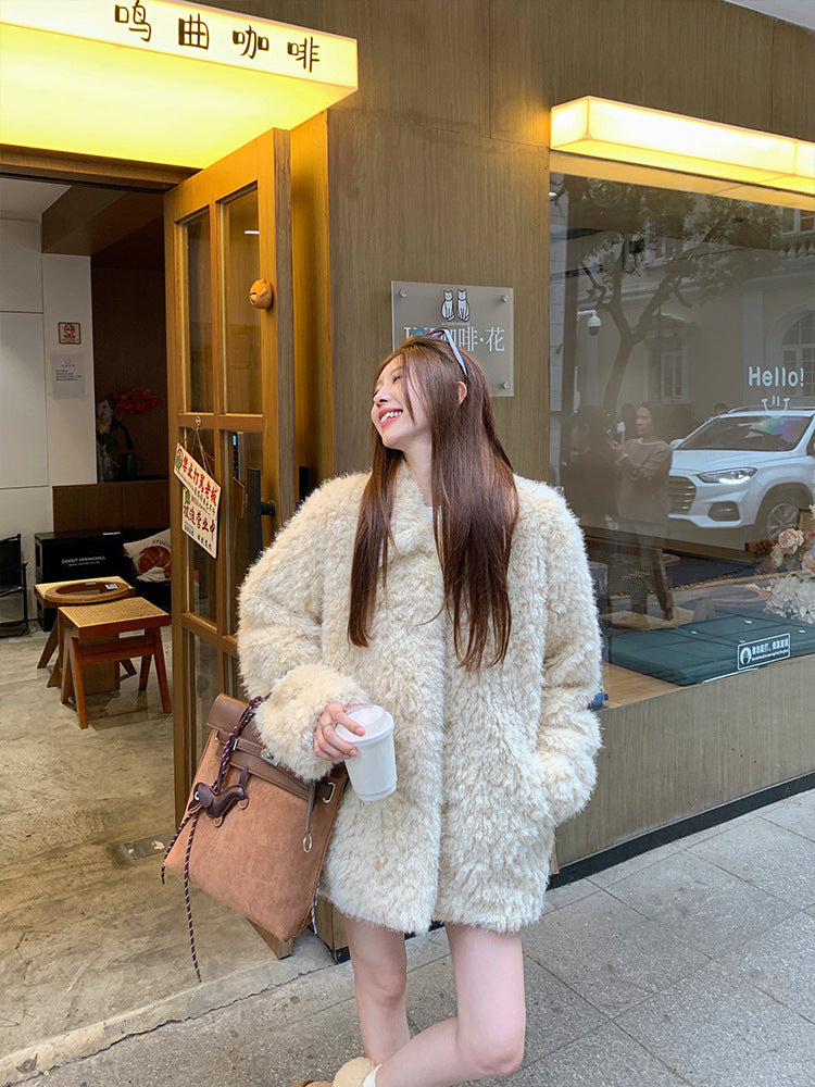 Damen Oversized Kunstfell‑Mantel mit Teddy‑Optik, Stehkragen und Eingrifftaschen Nord Taschen