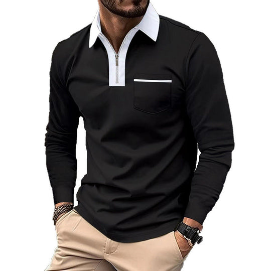 Herren nan elegantes Langarm-Poloshirt mit markantem Stehkragen Metall-Kurzreißverschluss und Brustleistentasche