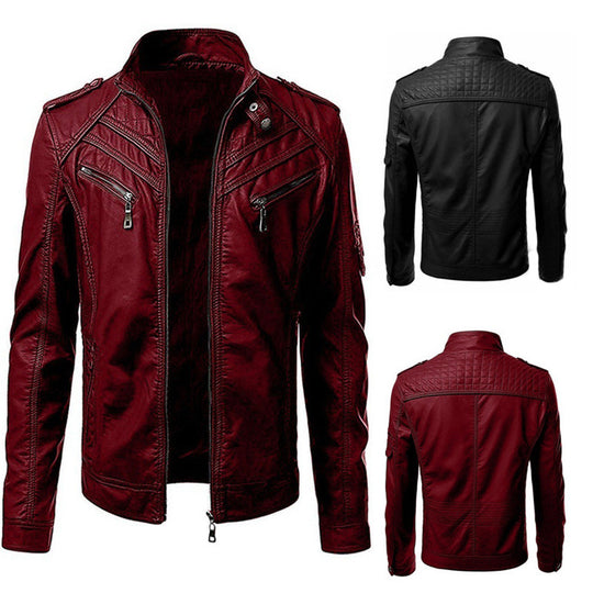 Herren Kunstleder-Bikerjacke mit Stehkragen, Ziernähten und Reißverschlusstaschen Nord Taschen