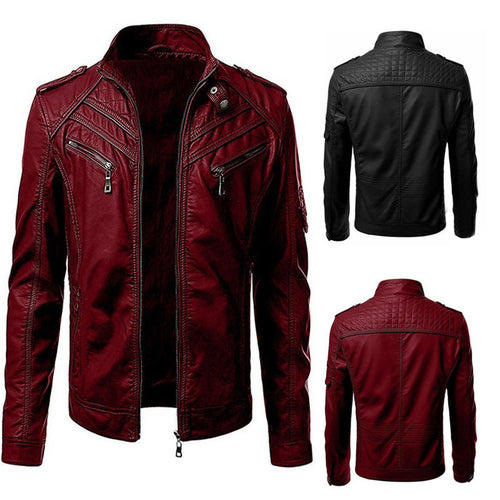Herren Kunstleder-Bikerjacke mit Stehkragen, Ziernähten und Reißverschlusstaschen Nord Taschen