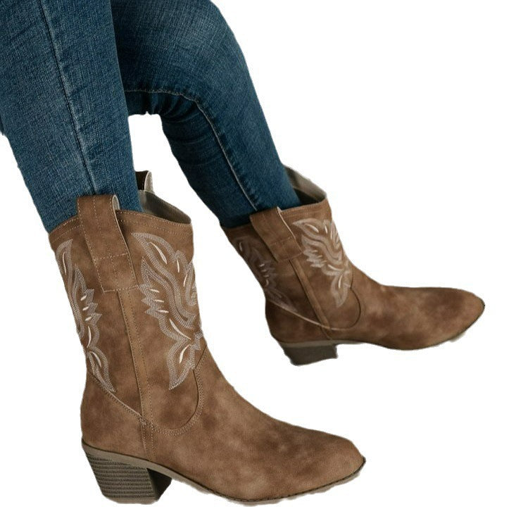 Damen Western-Boots im Vintage-Stil mit Stickerei, Schlupfprofil und leichtem Blockabsatz Nord Taschen