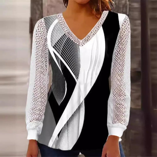Damen V-Ausschnitt Bluse mit abstraktem Grafikprint und Spitzenärmeln Nord Taschen