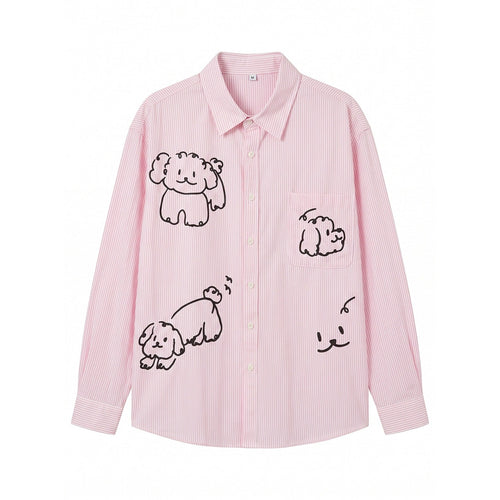 Damen Gestreifte Oversize-Hemdbluse mit Hundedoodle-Prints und Brusttasche Nord Taschen