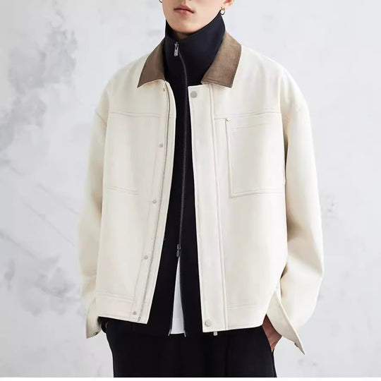 Herren Boxy-Zipjacke aus strukturiertem Baumwollmix mit Lederkragen und verdeckter Druckknopfblende Nord Taschen