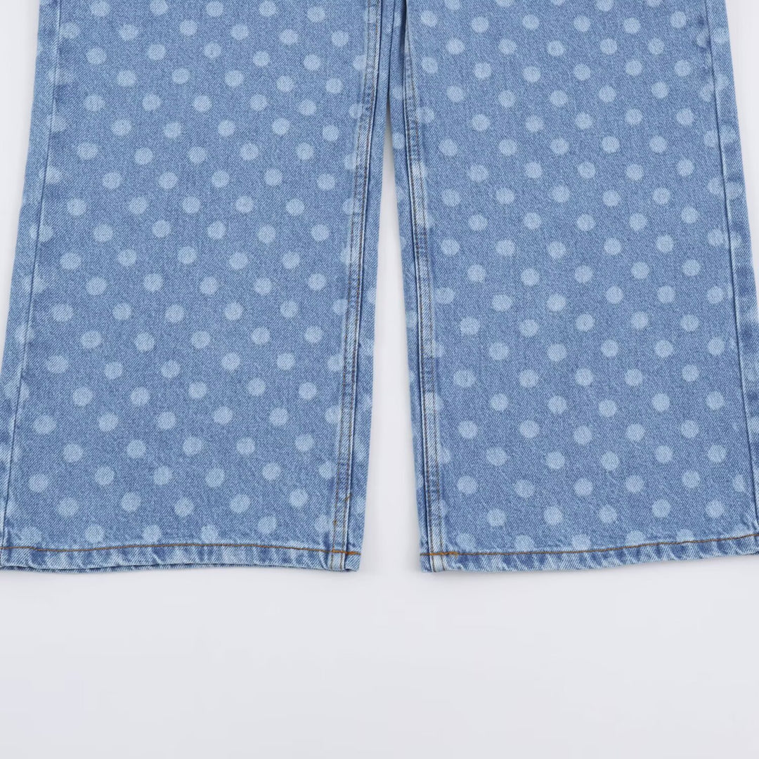 Damen Kurzgeschnittene Weitbein-Jeans mit Tupfenmuster und hoher Taille Nord Taschen