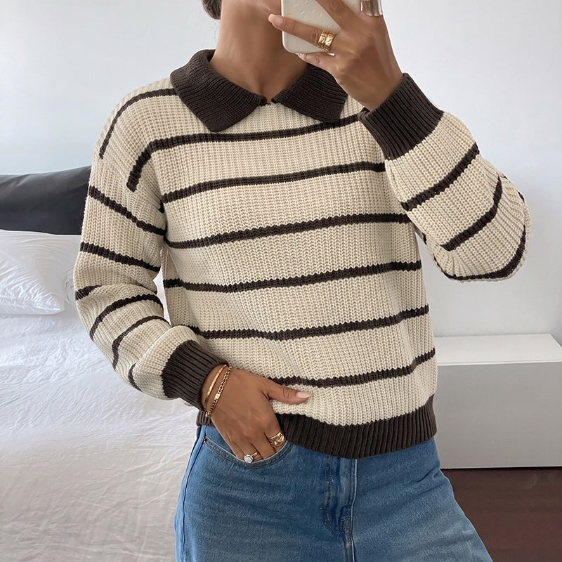 Damen Gestreifter Pullover mit Kragen Nord Taschen