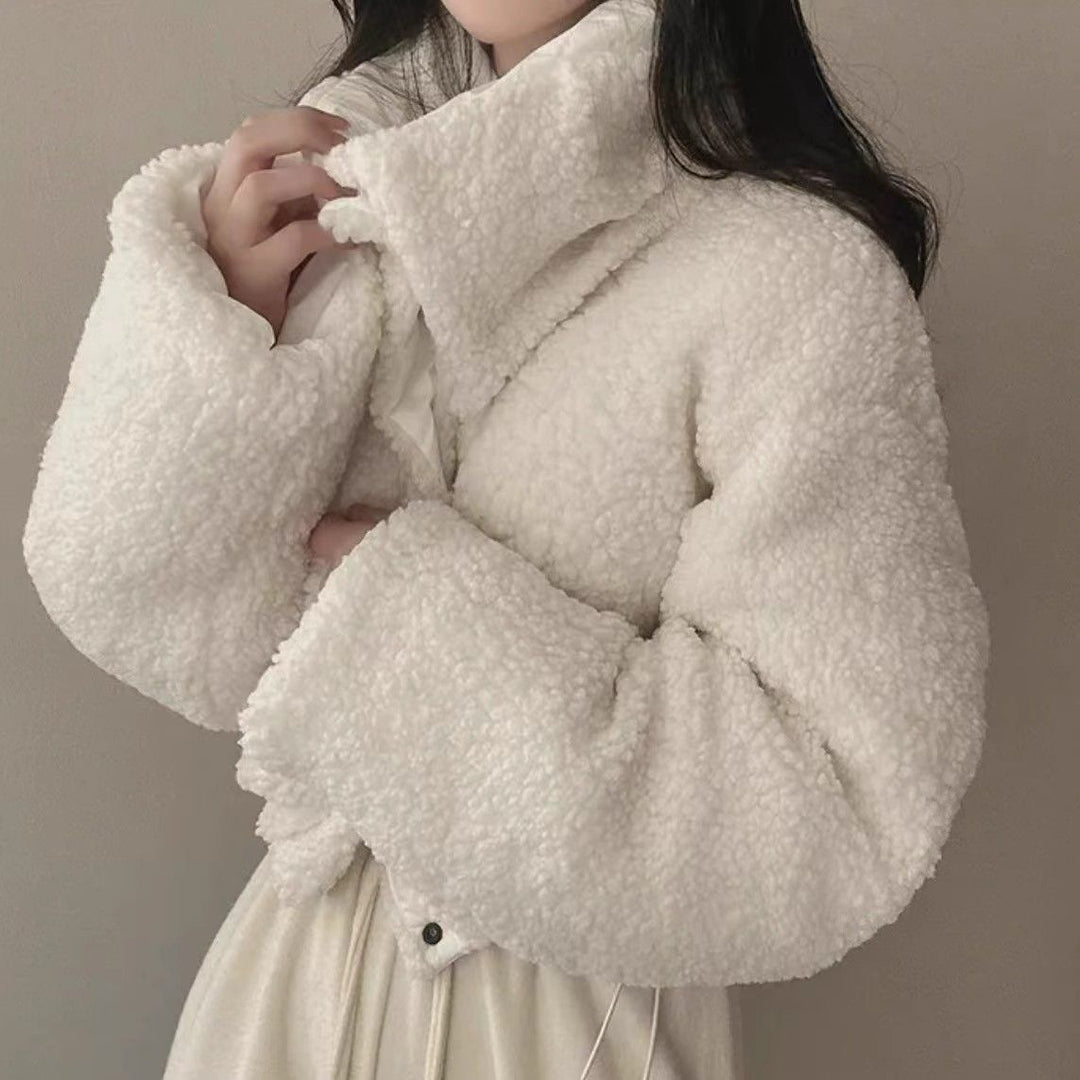 Damen nan kurze gesteppte Pufferjacke mit Teddykragen, krempelbaren Ärmeln und Tunnelzugsaum Nord Taschen