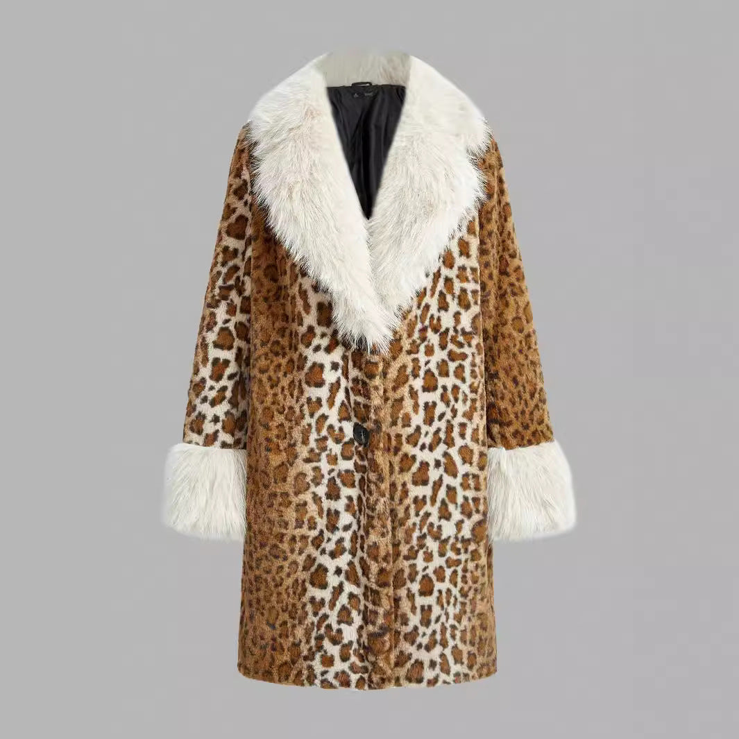 Damen Midilanger Kunstpelzmantel mit kontrastierendem Hochflor‑Schalkragen und Leopardenprint Nord Taschen