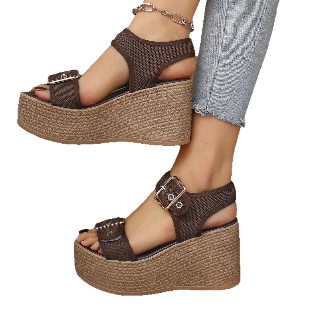 Damen Keil-Sandalen mit verstellbarem Riemen und exquisitem Bast-Design