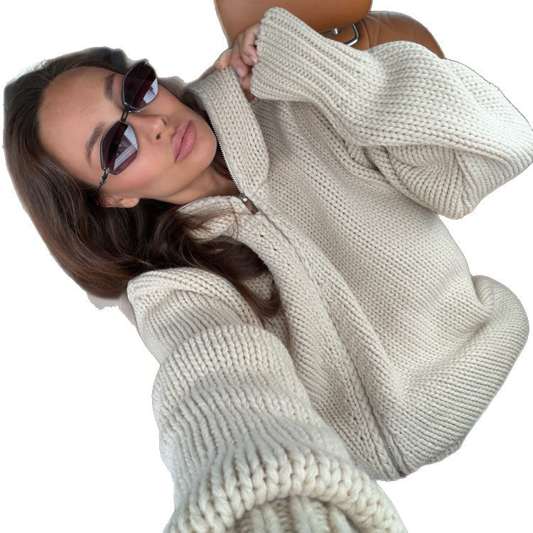 Damen Grobstrick-Zip-Cardigan mit hohem Kragen Nord Taschen