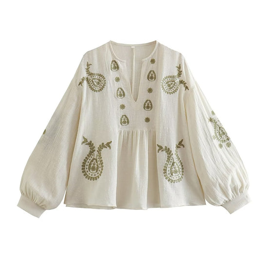Damen bestickte Baumwoll-Tunika mit weitem Fall, Paisley-Motiven und Ballonärmeln Nord Taschen