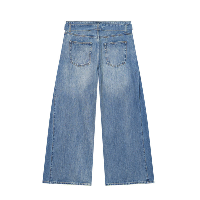Damen Weite Denim-Hose mit seitlichen Falteneinsätzen, High‑Waist und Taillengürtel Nord Taschen