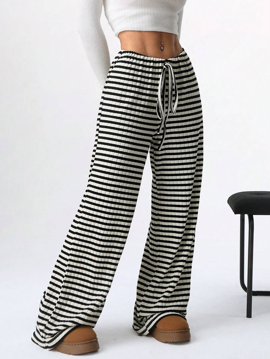 Damen lässige Palazzo-Hose mit seitlichem Kordelzug und modernen Streifen