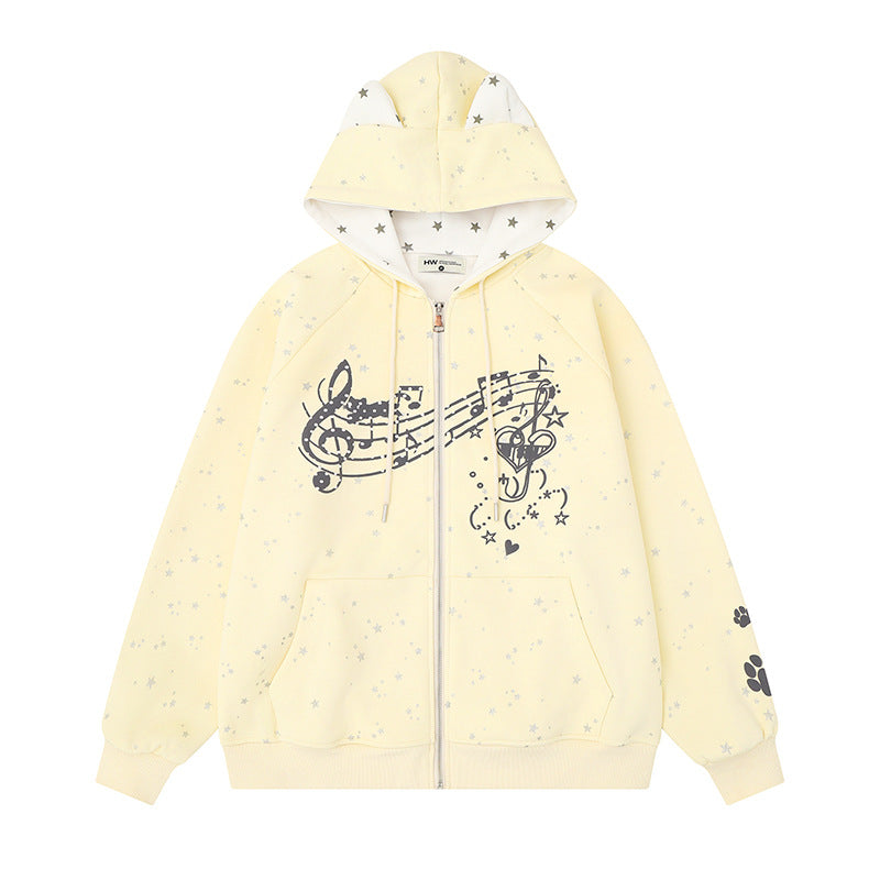 Damen Zip-Kapuzenjacke mit Musikprint, 3D-Ohrenkapuze und Pfoten-Applikation Nord Taschen