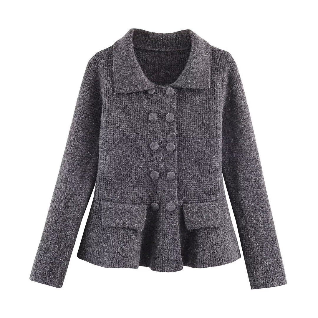Damen Doppelreihige Bouclé-Jacke mit Schößchen, aufgesetzten Taschen und Hemdkragen Nord Taschen