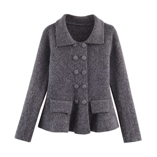 Damen Doppelreihige Bouclé-Jacke mit Schößchen, aufgesetzten Taschen und Hemdkragen Nord Taschen