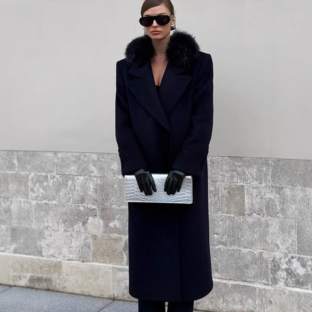 Damen langer Wollmix-Mantel mit großzügigem Kunstpelz‑Schalkragen und Oversize‑Schnitt Nord Taschen