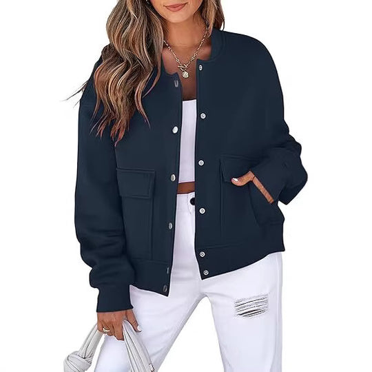 Damen lässige Oversize-Bomberjacke aus Sweatstoff mit Druckknopfleiste und aufgesetzten Taschen Nord Taschen