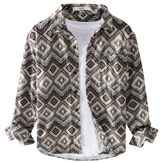 Herren Gemustertes Overshirt im Relaxed-Fit mit geometrischem Diamantprint und Brusttasche Nord Taschen