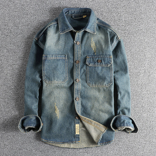 Herren Denim-Hemdjacke im Used-Look mit aufgesetzten Brusttaschen und Knopfleiste Nord Taschen