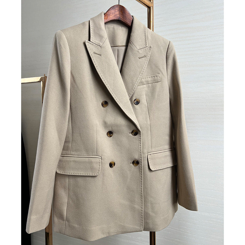 Damen Doppelreihiger taillierter Wollblazer mit Struktur und verstärkten Schultern Nord Taschen
