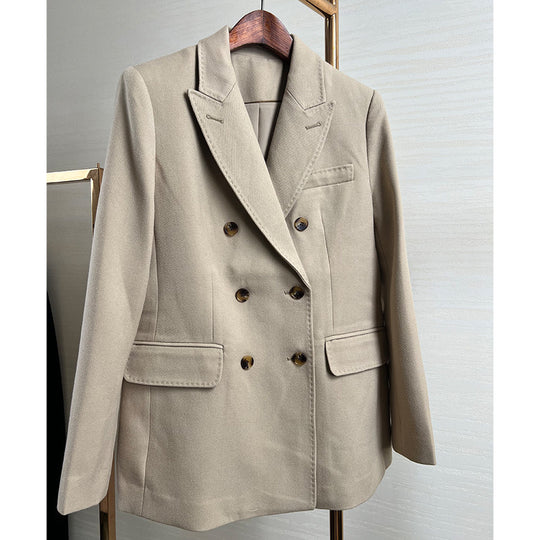Damen Doppelreihiger taillierter Wollblazer mit Struktur und verstärkten Schultern Nord Taschen