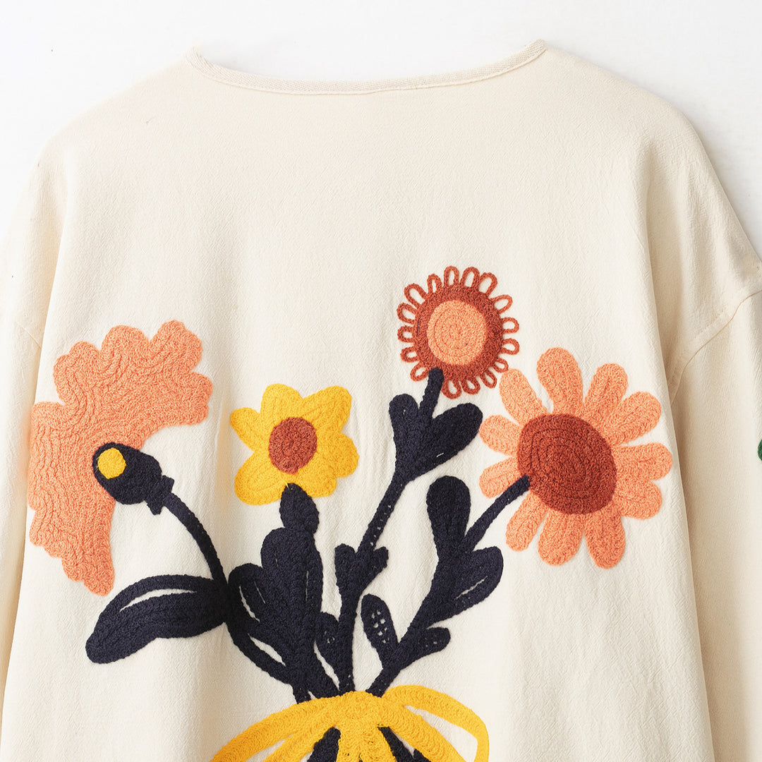 Damen Bestickte Oversize Baumwolljacke mit Blumendekor und Knopfleiste Nord Taschen