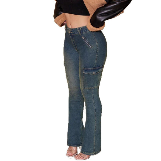 Damen Cargo-Flared-Jeans mit mittelhohem Bund, Ziernähten und Pattentaschen Nord Taschen