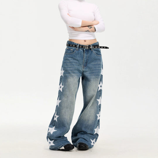 Damen Modische Weitgeschnittene Jeans mit Sternen-Design Nord Taschen