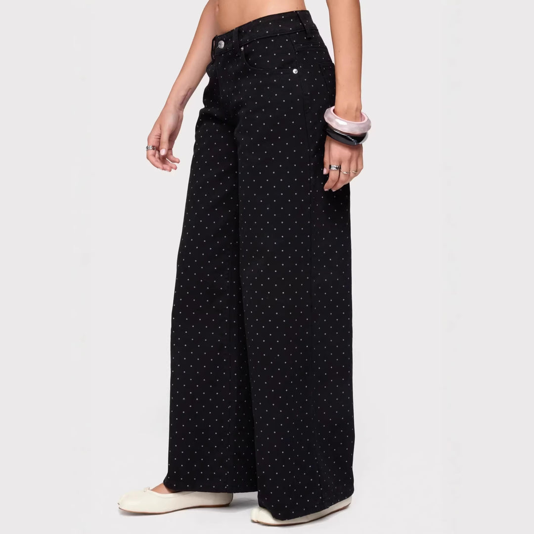 Damen hochgeschnittene weite Denimhose mit durchgehendem Punktmuster und klassischem Taschen-Design Nord Taschen