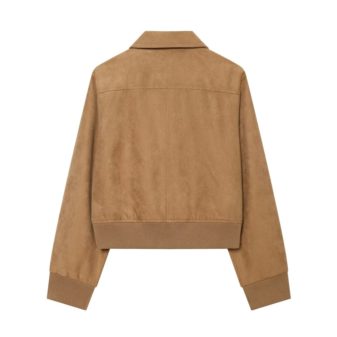 Damen Kurzer Veloursleder‑Blouson im Boxy‑Schnitt mit Hemdkragen, Klappentaschen und breitem Rippbund Nord Taschen