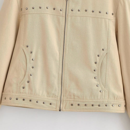 Damen Kurz geschnittene vegane Lederjacke mit Stehkragen, durchgehendem Reißverschluss und Sternnieten-Detail Nord Taschen