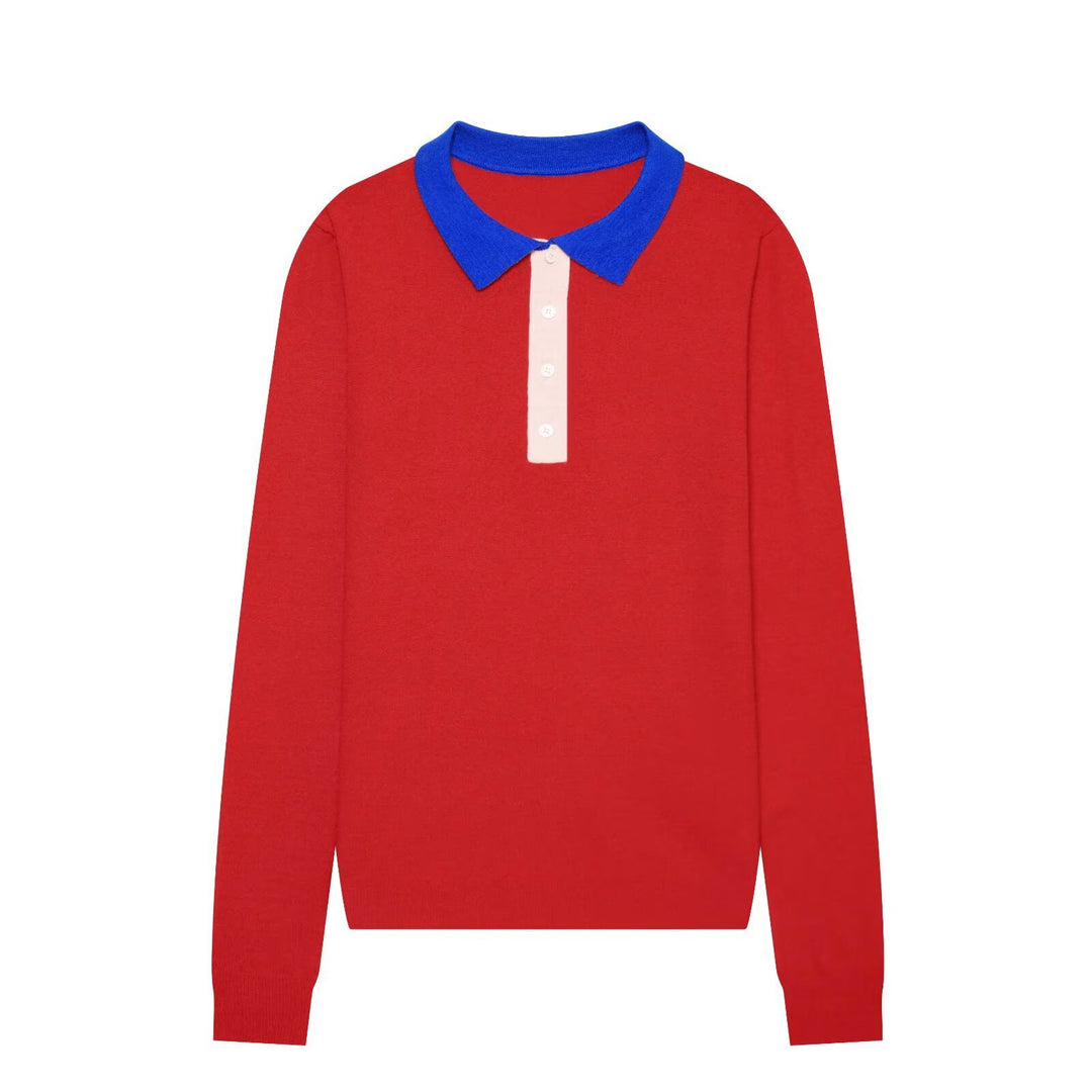 Damen Feinstrick-Poloshirt mit Kontrastkragen und verdeckter Knopfleiste Nord Taschen