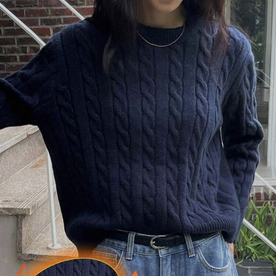 Damen Grobstrickpullover mit Zopfmuster und weiten Ärmeln