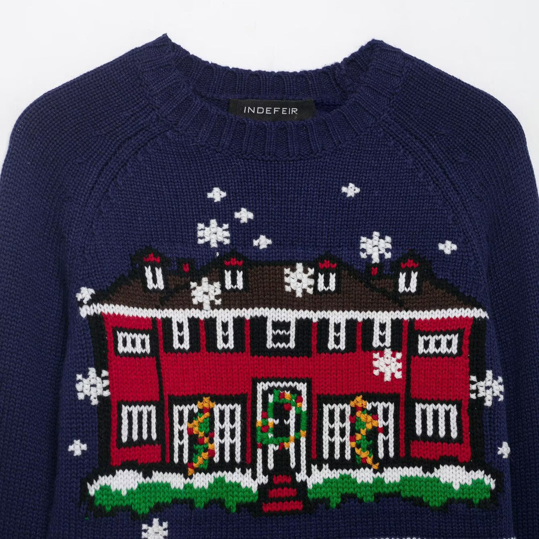 Damen Cropped-Weihnachtspullover mit Intarsia-Hausmotiv und Rundhalsausschnitt Nord Taschen