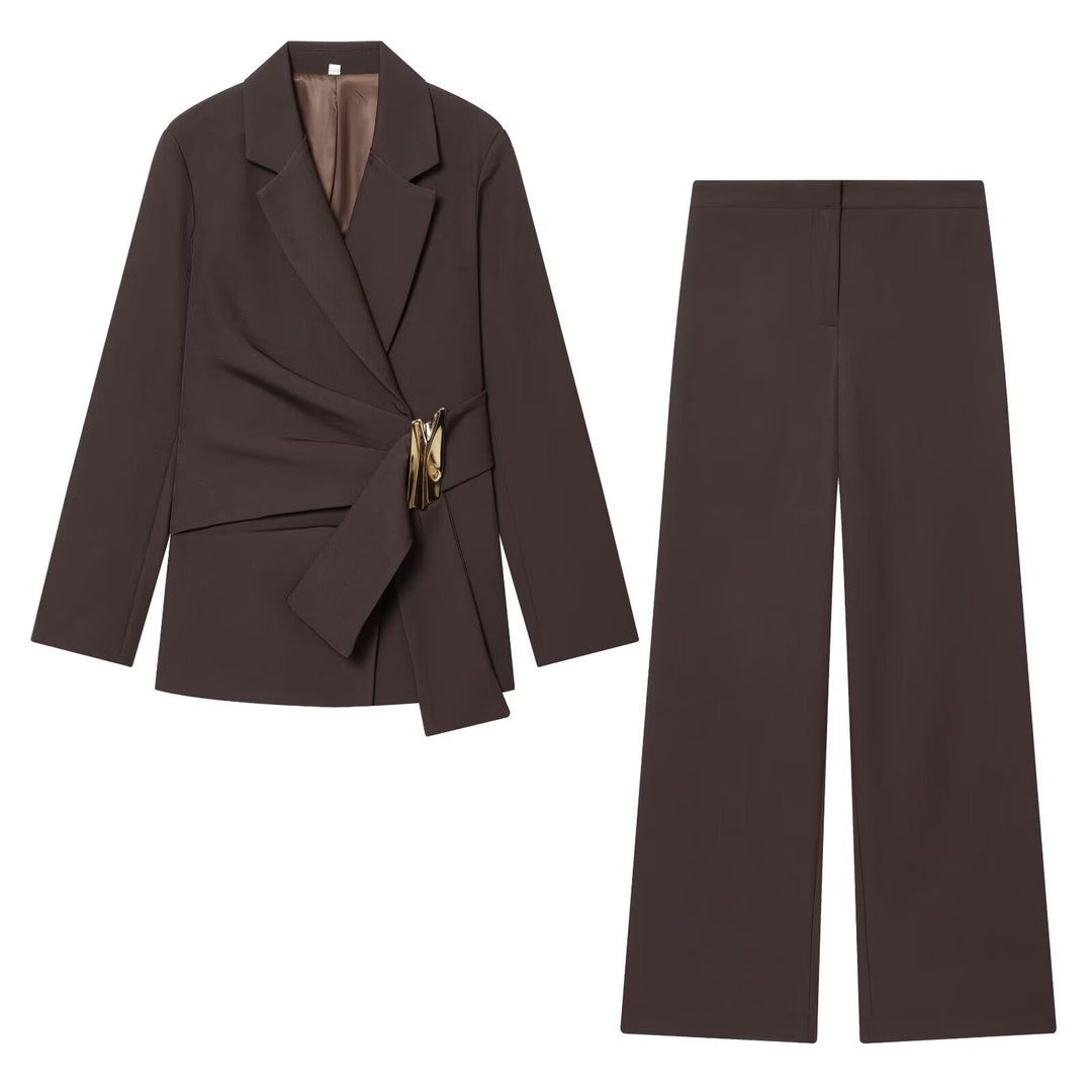 Damen Zweiteiliges Wickelblazer- und Palazzo-Anzugset mit Ziergürtel Nord Taschen