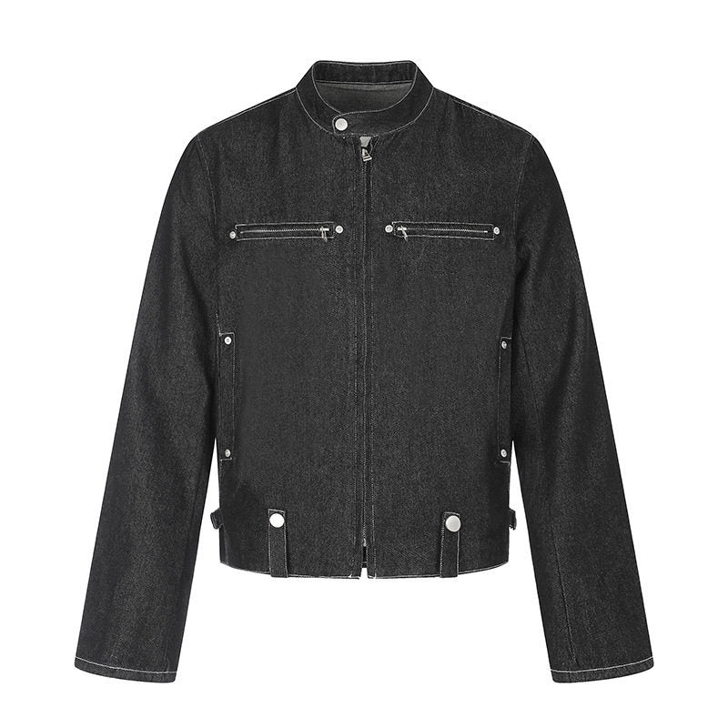 Damen kurze Denim-Bikerjacke mit Stehkragen, Reißverschluss und Druckknopfdetails Nord Taschen