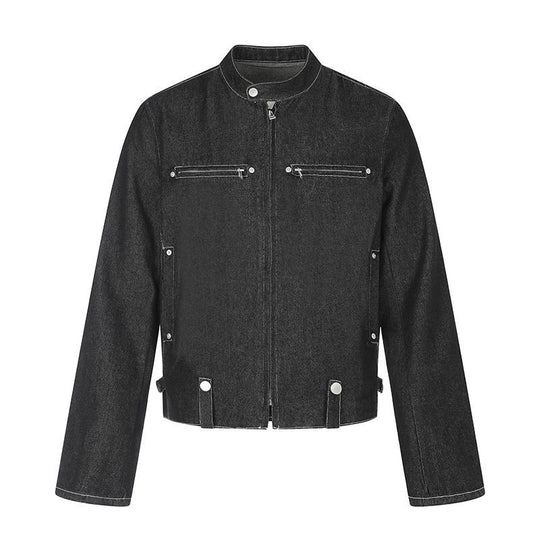 Damen kurze Denim-Bikerjacke mit Stehkragen, Reißverschluss und Druckknopfdetails Nord Taschen