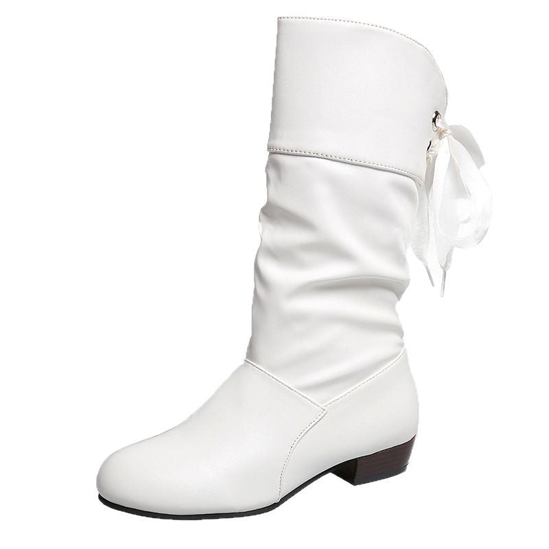 Damen  knielange Stiefel mit rückseitiger Schnürschleife, gerafftem Schaft und flachem Blockabsatz Nord Taschen