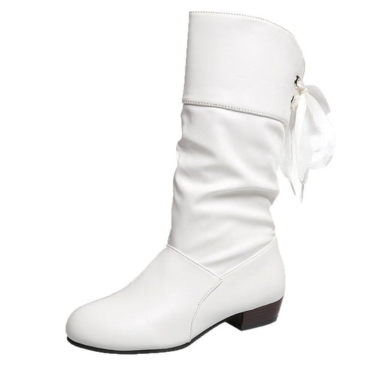 Damen  knielange Stiefel mit rückseitiger Schnürschleife, gerafftem Schaft und flachem Blockabsatz Nord Taschen