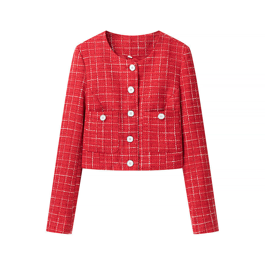 Damen Kurzgeschnittener Bouclé‑Tweed‑Blazer mit Rundhals, Zierknöpfen und aufgesetzten Taschen Nord Taschen