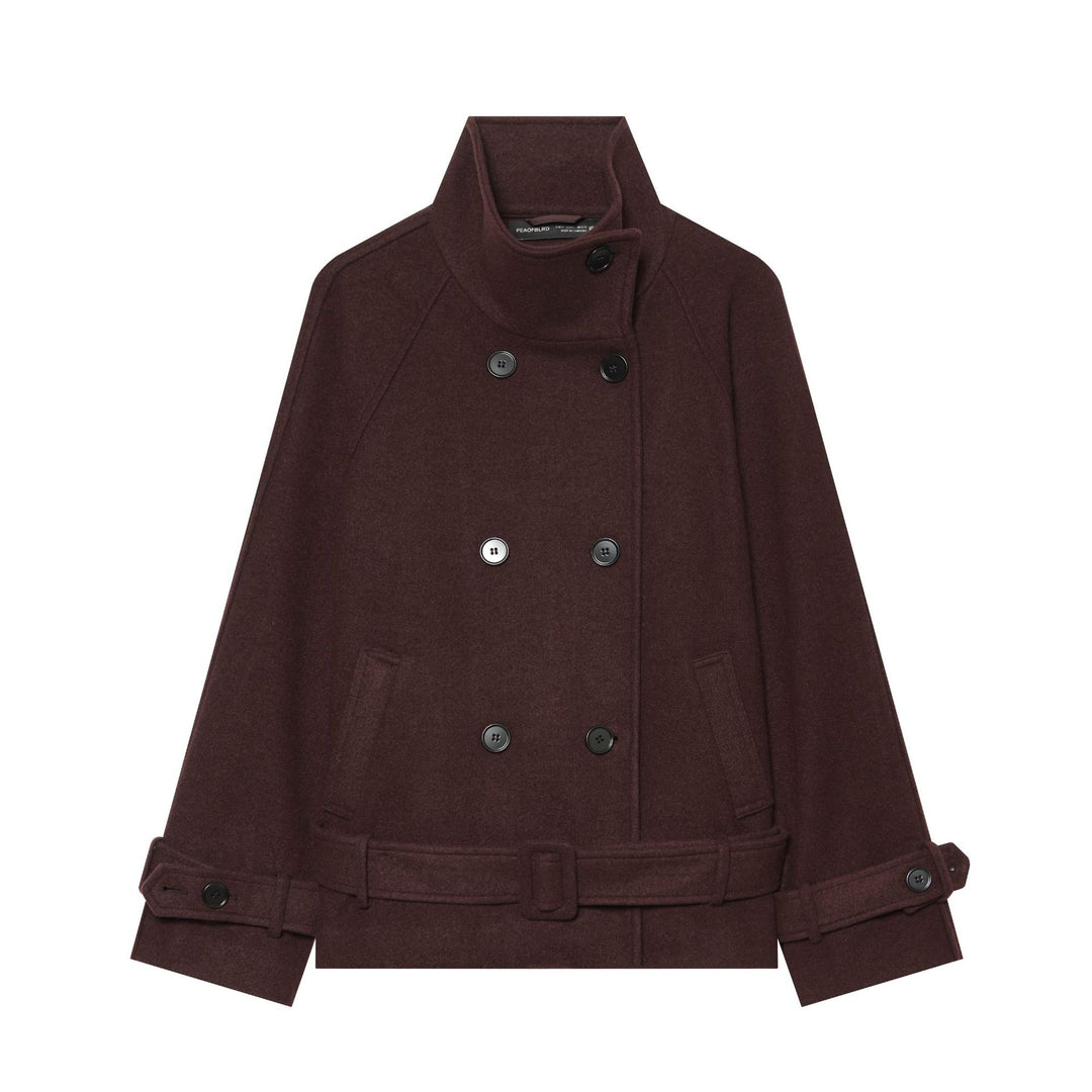 Damen Kurzer doppeltreihiger Wollmantel mit Taillengürtel und Stehkragen Nord Taschen
